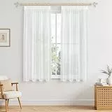 MRTREES Gardinen mit Kräuselband Stores Gardinen Weiß kurz transparent 160X140cm (HXB) Schlaufenschals 2er Set Vorhänge in Leinenoptik für Wohnzimmer Schlafzimmer Mädchen Jugend Curtains