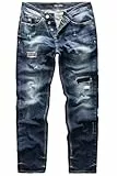 REPUBLIX Herren Jeans Regular Straight Fit Denim Hose Destroyed Dunkelblau (Patches) W36/L34