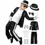 Kinder Retro Pop Star Kostüm 7-teiliges Set Paillettenjacke Gestreifte Hose Mit Hut Sonnenbrille Handschuhe & T-Shirt 90er Jahre Outfit Für Halloween Karneval Bühnenauftritt & Mottoparty (10-12 Years)