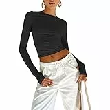 Damen Casual Tops T-Shirt Slim Fit Rundhalsausschnitt Basic Top Y2K Crop T E-Girls Streetwear(Schwarz-3,XL)
