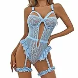 Satohom Dessous-Sets für Damen, sexy Spitzen-Body Push-Up BH mit Oberschenkelmanschetten, EIN StückNachtwäsche Unterwäsche, Teddy-Babydolls mit Strumpfgürtel, ohne Strümpfe Einheitsgröße