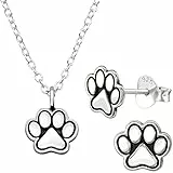 JAYARE Kinder Schmuckset Mädchen - Pfoten Hund Katze - Halskette und Ohrringe - Kette Silber 925 mit Anhänger und Ohrstecker