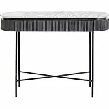 Kare Konsole Glenn, schwarz/grau/weiß, Flurkonsole, 2 Schubläden, Mango Massivholz, heller Marmorplatte, Naturstein, verdeckte Griffmulden, Riffeloptik, 80x100x32cm (H/B/T)
