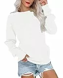 PLOKNRD Damen Sweatshirt Basic Langarmshirt Rundhals Vielseitige Pulli Herbst Winter mit Taschen(Weiß,L)