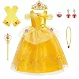 BSBUY Belle Kostüm Kinder Mädchen, 7Pcs Kleid Kinder mit Krone Schmuck Handschuhe Zauberstab Halskette und Ringe Princess Costume für Verkleidung Karneval Halloween Geburtstag Prinzessin Dress Up(120)
