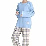 Schlafanzug Weihnachts Karierte Schlafhose,Schlafanzug Damen Pyjama Set Lang Zweiteiliger Nachtwäsche Raglanärmel Sleepwear und Karierte Pyjamahose Hausanzug Freizeitanzug Loungewear Hellblau XL