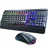RisoPhy Gaming Tastatur Maus Set Kabellos, QWERTZ, Metallplatte, 7 Farben Beleuchtet, Wiederaufladbarer 3200 mAh Akku, Schlafmodus, Licht auf Tastatur + 7D 3200DPI Gaming Maus für PC Gamer