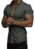 Elegancity Herren Kurzarmhemd Dunkelgrau Atmungsaktiv Freizeithemd Elastische Businesshemd Bügelfrei Hawaiihemd Faltenfreie Strandhemd Sommer L