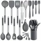 HaWare Küchenutensilien Set, 20 Stück Küchenhelfer Kochbesteck Set, Silikon Kochgeschirr Kochutensilien mit Edelstahlgriff, Hitzebeständiges Küchenset mit Utensilienhalter, Spülmaschinenfest - Grau