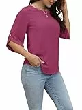 Oneezit T-Shirts für Damen Kurzarm Oberteile 3/4 Ärmel T-Shirt mit Rundhal Loose Casual Sommer Tops Frauen Blusen Rosered, Medium