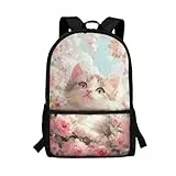 SCRAWLGOD Rucksack für Jungen, Kinder, Büchertasche, großer Rucksack, Sekundärschultasche für Mädchen, Katze, rosa Blume, Einheitsgröße