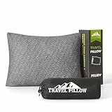 PEUJEW Reisekissen Memory Foam Kissen, Camping Kissen Kleines Kissen 40x30x12 cm, Reisekopfkissen mit Wasserdichter Packsack, Ideal für Flugzeug, Auto und Camping (S, Grau)