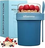 Mitsemmo Müslibecher to Go,Müsli Cup to Go Becher,Joghurtbecher to Go mit Löffel,Cornflakes to Go,Müslibecher Müslidose Müslischale Frühstücksdose Müslibox,Joghurt to Go Becher (560ml+230ml-Blau)