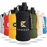 Khroom Edelstahl Trinkflasche 1,3L & 2,2L – Kohlensäure geeignet, auslaufsicher, spülmaschinenfest, einwandig, BPA-frei | Metall Trinkflasche | 2 Liter XXL Water Jug | Outdoor- & Sportflasche Schwarz