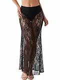 Damen Spitzenrock Lang Elastische Hohe Taille Lange Röcke Tüllrock Elegant Sheer Spitze Floral Stickerei Freizeitrock Strand Sommer Urlaub Ungefüttert