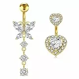 WillTen 14G 10MM Gold Bauchnabelpiercing Klar CZ Schmetterling Anhänger Nabelpiercing Damen Chirurgenstahl Herz Diamant Bauchpiercing Bananabells