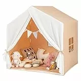 COSTWAY Kinderzelt mit Fenster & Matte & Holzrahmen, Kinder Spielhaus mit Vorhang & bunten Flaggen, Prinzessin Spielzelt für drinnen & draußen, Kinderspielhaus Kinderspielzelt für Jungen und Märchen