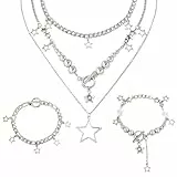 Nayyana 3 Stück silberne Stern-Halskette Y2K-Schmuckset Grunge-Halskette Kawaii niedliche Halsketten Ästhetischer Vintage-Emo-Schmuck, Weihnachts-Neujahr-Schmuckgeschenk für Frauen