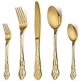 Besteck Set, Goldenes Besteck 20-teilig, Besteck Set 4 Personen aus Edelstahl, Vintage Palast-Stil Besteck Gold Spülmaschinenfest & Hochglanzpoliert Besteckset für alle Anlässe, Geprägte Griff