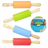 nobrands Mini Nudelholz, 4 Stück Kinder Nudelholz Silikon Teigroller mit Holzgriff für Kinder, Antihaft Nudelhölzer Teigrolle Backzubehör Geschenk
