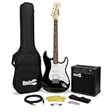RockJam E-Gitarren-Set volle Größe für Anfänger, Schwarz, 6 Saiten mit 10-W-Verstärker, Tasche, Gurt, Kabel, Plektren und Tremolo