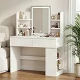 JUMMICO Schminktisch mit Spiegel und Beleuchtung, 3-farbige LED-Beleuchtung, 2 Schubladen, seitlicher Aufbewahrungsschrank, weiß, 135x90x40 cm