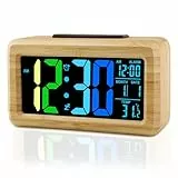 Ayybboo Wecker Digital Holz,Große LED-Anzeige mit Farbigen Ziffern,Helligkeitssensor,Snooze,Batterie | USB-Betrieb für Schlafzimmer,Büro,Wohnzimmer (Bambus blaugrün)