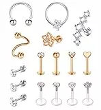 Rajnard 16Stk Tragus & Helix Piercing - Chirurgenstahl Silber & Rosegold Knorpel Ohrstecker & Ohrringe 16G CZ Barbell & Labret Monroe Schmuck fr Damen & Mnner