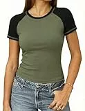 Litherday Damen T-Shirt Elegant Farbabstimmung Raglan Rundhals Oberteile Gerippt Eng Ladies Basic Y2k Top Kurzarm Slim Fit Stretch Casual Sommer Tops (Graugrün, Schwarz, S)