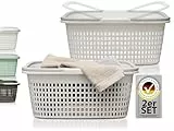 Hausfelder Wäschekorb 2er Set Weiß 35L Kunststoff, Wäschewanne klein mit Henkel und Griffen, Wäschekorb Weiß Kunststoff 58x37x25cm, 2 Stück stapelbar BPA-frei