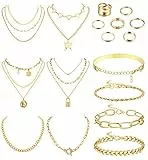Kakonia 17 Stück Schmuck Set: Ketten, Armbänder, Ring, Layer Chain Halskette Gold Silber Verstellbar für Damen Mädchen - Gliederkette, Modeschmuck Hip Hop Set