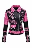 Giolshon Damen Kunstleder Jacke Nieten Floral Moto Biker Kurzer Revers Mantel 0376 Rosa S