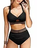 UMIPUBO Damen Bikini Bauchweg High Waist Push Up Bikini Sets Zurück Kreuzen Swimsuit Große Brüste Bademode Sexy Badeanzug Strandbikini(Schwarz-B,M)