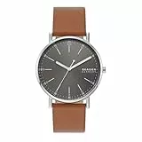Skagen Herrenuhr Signatur, Dreizeiger Uhrwerk, 40mm Silbernes Edelstahlgehäuse mit Lederarmband, SKW6578