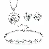 Josfeva Schmuck Set Damen Silber 925, Herz Halskette & Klee Armband & Klee Ohrstecker Set mit 5A Weiß Rosa Blau Lila Zirkonia, 45cm Liebe Halskette Damen Ohrringe Ohrstecker Silber Armkette (Weiß)