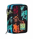 SJ Gang Style Jam Gang Federmäppchen mit 3 Reißverschlüssen, Schwarz, Multicolor Game, Stiftehalter mit Dreifachfach, komplett mit Stiften, Bleistiften, Farben, Zubehör Rucksack, Grundschule, Medium