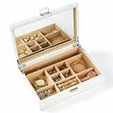 Vee Schmuckkästchen,Schmuckaufbewahrung mit großer Spiegel,Schmuckschatulle Schmuckkasten mit Deckel,PU Leder Schmuck Organizers,Geschenkbox für Damen Mädchen Frauen
