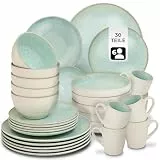 tectake® 30tlg. Kombiservice 6 Personen, Steingut Geschirrset 6 Personen, handgefertigtes Teller Set mit Schüsseln und Tassen, Geschirr Set spülmaschinen- und mikrowellengeeignet - Mid Sea