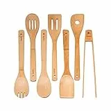 BlauKe® Küchenhelfer Set aus Holz 7-teilig - Küchenutensilien Pfannenwender Set - Kochlöffel Set, Spatel, Schaumlöffel, Zange, Wender, Rührlöffel - Bambus Kochutensilien, Kochgeschirr, Küchenzubehör