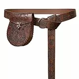 HiiFeuer Mittelalter Geprägter O-Ring Gürtel mit Nordisch Geprägter Gürteltasche, Vintage Kunstleder Gürtel und Seitentasche Set für LARP (Braun A)