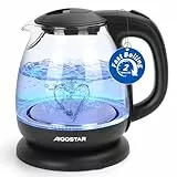 Aigostar Elfin Mini-Wasserkocher aus Borosilikatglas mit LED-Beleuchtung, 2200 W, Kapazität 1 l, BPA-frei, schnelles Kochen, Vakuumschutz, Schwarz