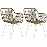 HOMCOM Esszimmerstühle 2er Set Küchenstuhl mit Rückenlehne, Kunstrattan-Optik, Sessel mit Fußpolster, Wohnzimmerstuhl, Stühle mit Stahlbeine für Esstisch, Hellbraun+Weiß