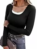 Terecey Damen Elegant Einfarbig Oberteil Langarm Slim Fit Tshirts Baumwolle Langarmshirt Sexy Stretch Tshirts Basic Casual Thermoshirt für Winter und Herbst, Schwarz L