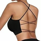 Vertvie Damen Sport BH Gepolstert Crossback Yoga Sports Bra Spaghettiträger Rücken Verkreuzt Gerippt Bustier Ohne Bügel Atmungsaktiv BH mit Abnehmbaren Cups(1pc: Schwarz,S)