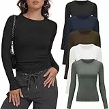 miijoory 5er Pack Langarmshirt Damen Rundhalsausschnitt Basic Langarm T-Shirt Slim Fit Y2K Top Casual Dehnbar Longsleeve Oberteile(XL,Schwarz, Weiß, Marineblau, Kaffeebraun, Olivgrün)