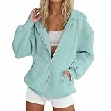Damen-Kapuzenpullover, Sweatjacke, lässig, durchgehender Reißverschluss, bequem, locker, solides Sweatshirt, langärmelig, Jacke mit Taschen, mintgrün, L