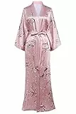 BABEYOND Damen Morgenmantel Maxi Lang Seide Satin Kimono Kleid Pfau Muster Kimono Bademantel Damen Lange Robe Schlafmantel Girl Pajama Party 135cm Lang (Rosa)