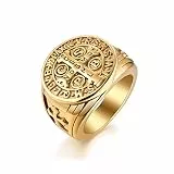 JewelryWe Schmuck Retro Herren-Ring Edelstahl Exorcism St Benedict Kreuz Ring Dämon Schutz Ghost Hunter CSBP katholischen Siegelring Bandring mit Gravur Gold Größe 65