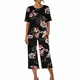 EMATOP Damen Kurzarm Pyjama Set Sommer Baumwolle Schlafanzug 3/4 Lang Hose und Oberteile Tops Nachtwäsche Zweiteiliger Weich Hausanzug Vintage Neuheit Drucke Jogginganzug Elegant Freizeitanzug