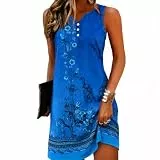 Yeenily Damen Bohemian Ärmellos Kleid V-Ausschnitt Blumenmuster Tunikakleider A Linien Lose Lässiges MiniKleid Freizeitkleid(Ärmellos Dunkelblau,M)